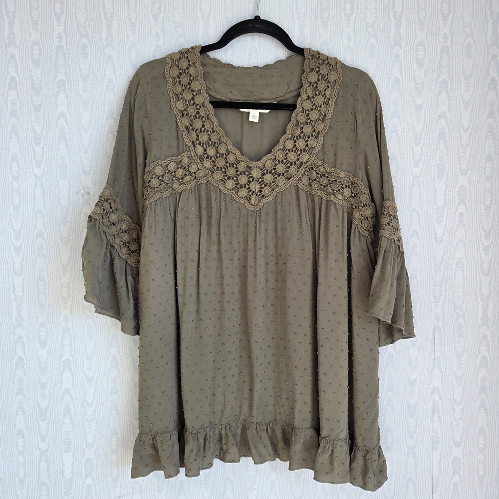 Womens L Peasant Babydoll Top Tunic Crochet Olive Green Cottage Boho Festival‎